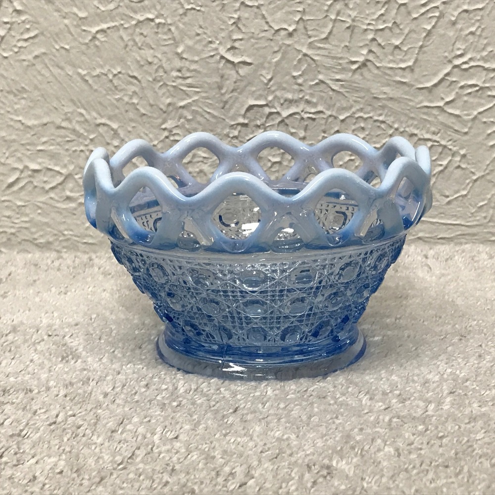 Vintage Imperial Glass Katy Blue Opalescent Laced Edge Bowl Cane & Button 1930s